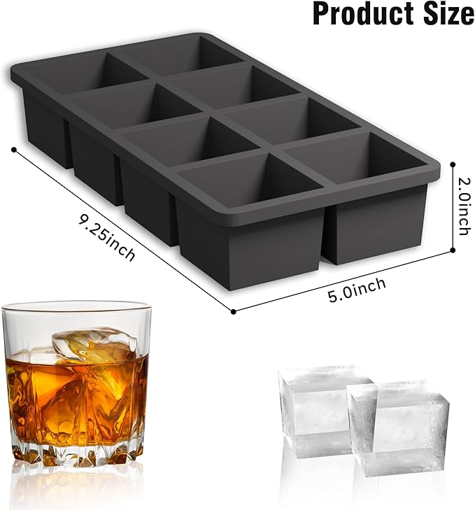 Samuelworld Large Silicone Ice Cube Tray Molds, Big 2 Inch Cubes - Food Grade, Flexible, 8 Cavity Easy Release Slow Melting Ice for Whiskey, Cocktails, Gifts & Christmas - Black (3 Pack)