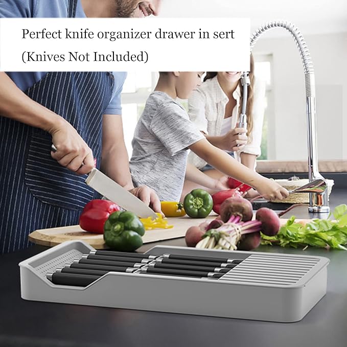 Knife Holder, In Drawer Knife Block Holder with Expandable Cutlery Tray Kitchen Drawer Organizer Insert-Holds 11 Knives for Save Space & Kitchen Safety (Drawer knife holder, Plastic)