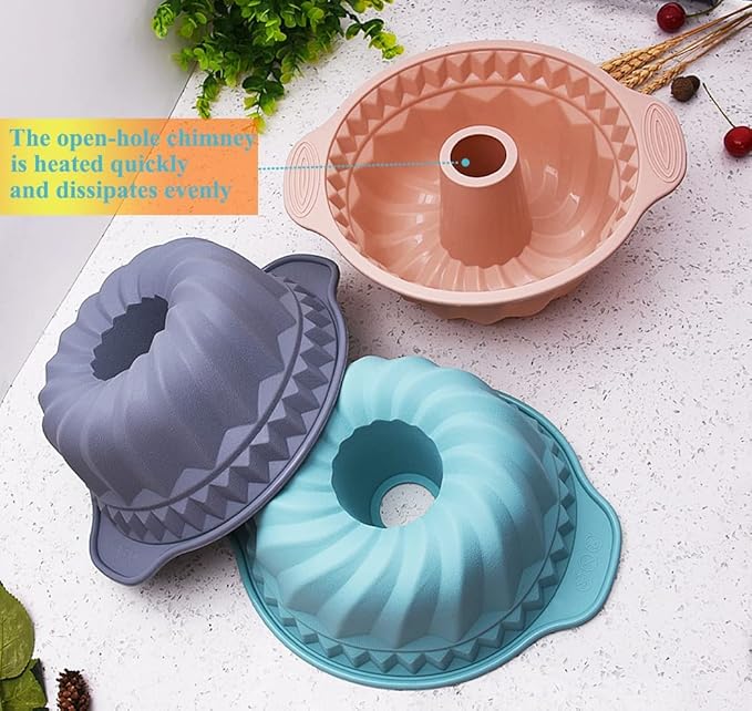Kenond 2 PCS 9.5 Inch Silicone Cake Pans, Non-stick Fluted Cake Pan with Sturdy Handle, Cake Baking Molds, Perfect Bakeware for Cake, Jello, Gelatin, Bread, Para Gelatinas (Gray)