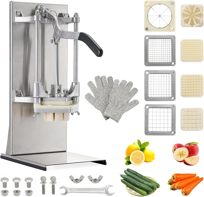 4in1 Commercial French Fry Cutter & Lemon Slicer & Vegetable Chopper - Stainless Steel with Extended Handle - 4 Blades for Home, Bar, Restaurant - Dice, Slice & Chop 1/2", 3/8", 1/4", 8 Wedge