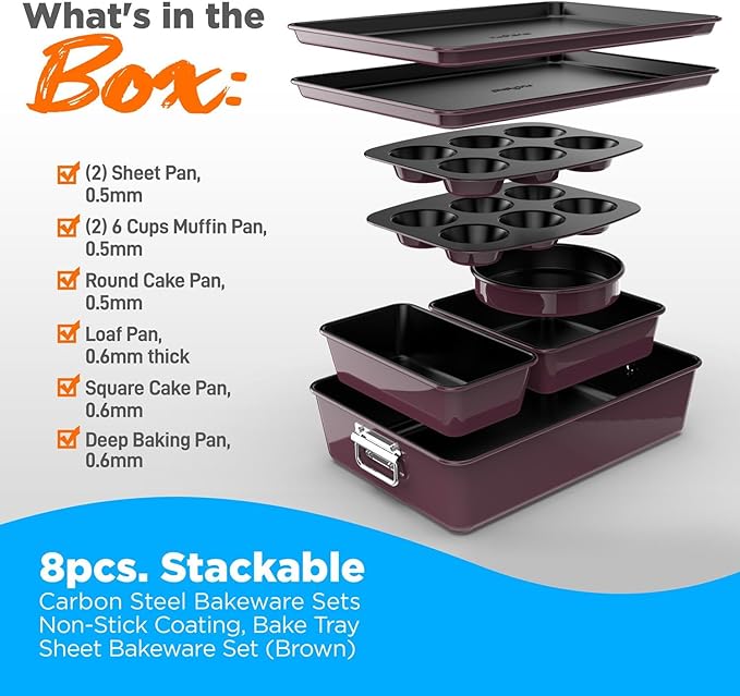 NutriChef 8-Piece Nonstick Stackable Bakeware Set - PFOA, PFOS, PTFE Free Baking Pan Set w/Non-Stick Coating, 450°F Oven Safe, Round Cake, Loaf, Muffin, Wide/Square Pans, Cookie Sheet (Plum)