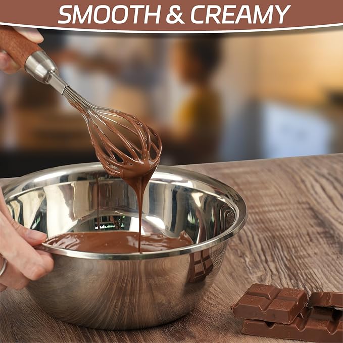 Stainless Steel Wire Cooking Whisk, Multi Function Kitchen Hand Whisk Non Stick Balloon Whisk Egg Beater for Blending Whisking Beating Frothing Stirring Batters,Wooden Handle (11""L x 2.1""W)