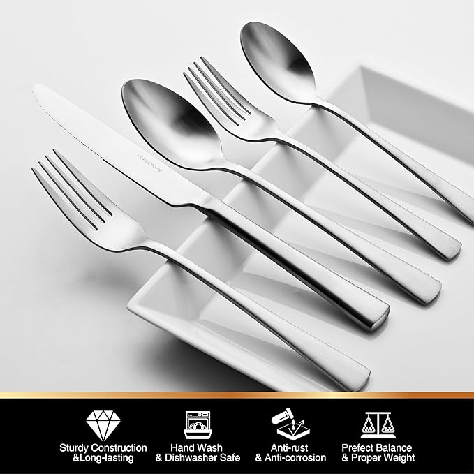 KINGSTONE 30-Piece Silverware Set, 18/10 Stainless Steel Flatware Set for 6, Matte Satin Finish Forged Cutlery Set Dishwasher Safe