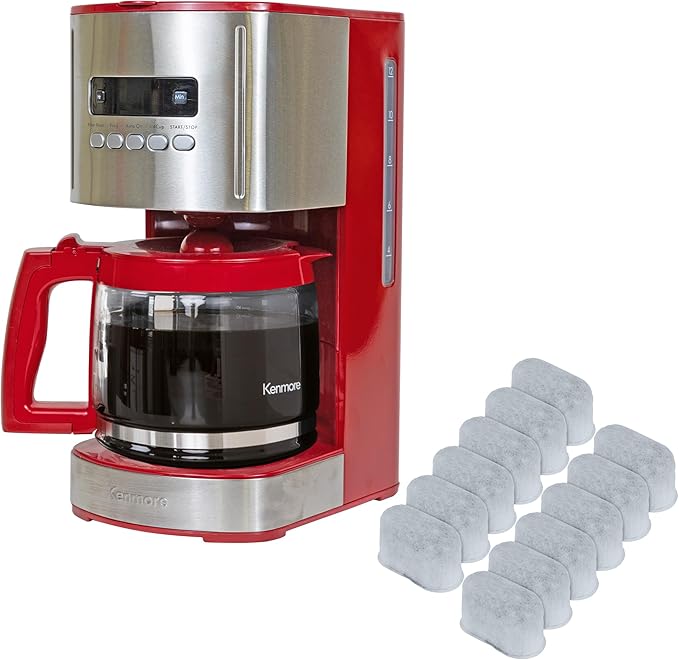 Kenmore Aroma Control 12-cup Programmable Coffee Maker, Red and Stainless Steel Drip Coffee Machine & Kenmore/Keurig/Cuisinart/Braun compatible replacement charcoal water filter 12 Pack pure