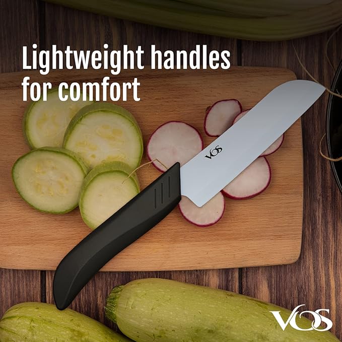 Vos Ceramic Knife Set in Elegant Gift Box, Ceramic Knives Set For Kitchen, Ultra Sharp Kitchen Knife Set with Covers, 4" 5" 6" Paring, Santoku & Chef Knife, Lightweight, Dishwasher safe (Black Handle)