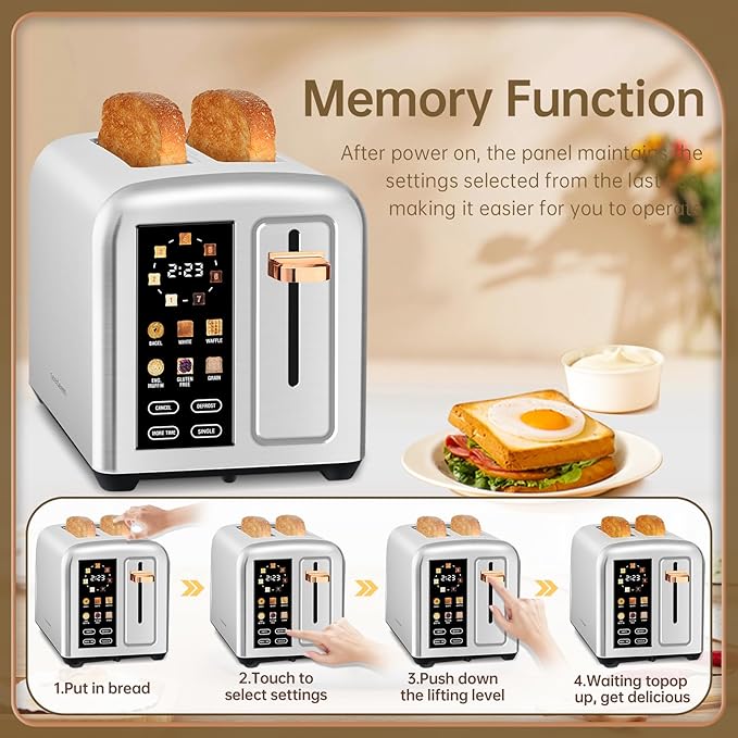 SEEDEEM Toaster 2 Slice, Real Touch Screen with LCD Display, Single-Slice Function, Stainless Steel Toaster, 50% Faster Heating, 1.5" Wide Slots, Removable Crumb Tray, 1350W, Silver Metallic