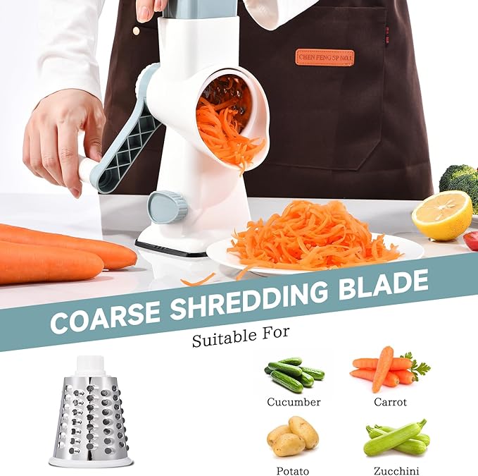 Rotary Cheese Grater with Handle Kitchen Shredder Slicer Grater Slicer Ice Shaver Cheese Vegetable Nuts Potato Zucchini Chocolate 3 Interchangeable Blades (WhiteBlue)