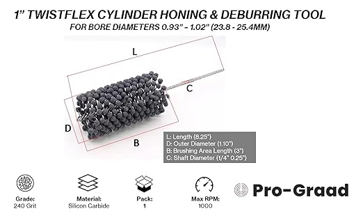 TwistFlex 1" 240SC Cylinder Hone | 1" Flexible Cylinder Honing & Deburring Tool Bore Brush for Hole Diameters 0.93" - 1.02" | Silicon Carbide 240 Grit | 1/4" Shank | 8.25" Length | Pack of 1