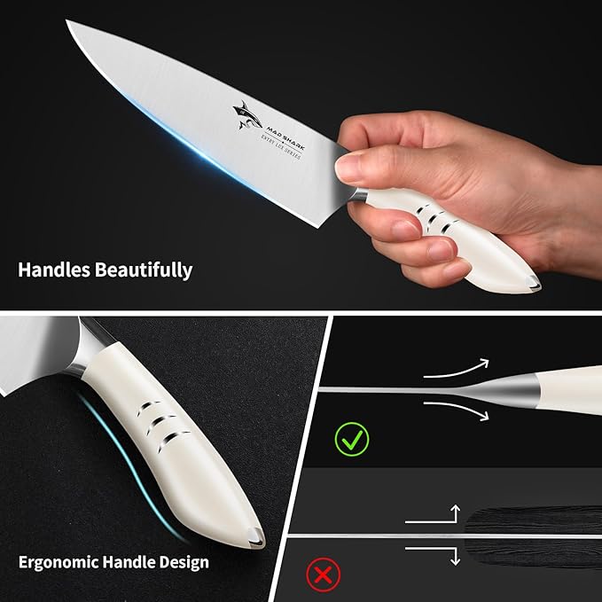 MAD SHARK Chef Knife 8 inch Kitchen Knife High Carbon Stainless Steel Sharp Chef's Knives with Ergonomic Handle, Cooking Knife with Gift Box, Birthday Gifts for Mom/Dad(White)