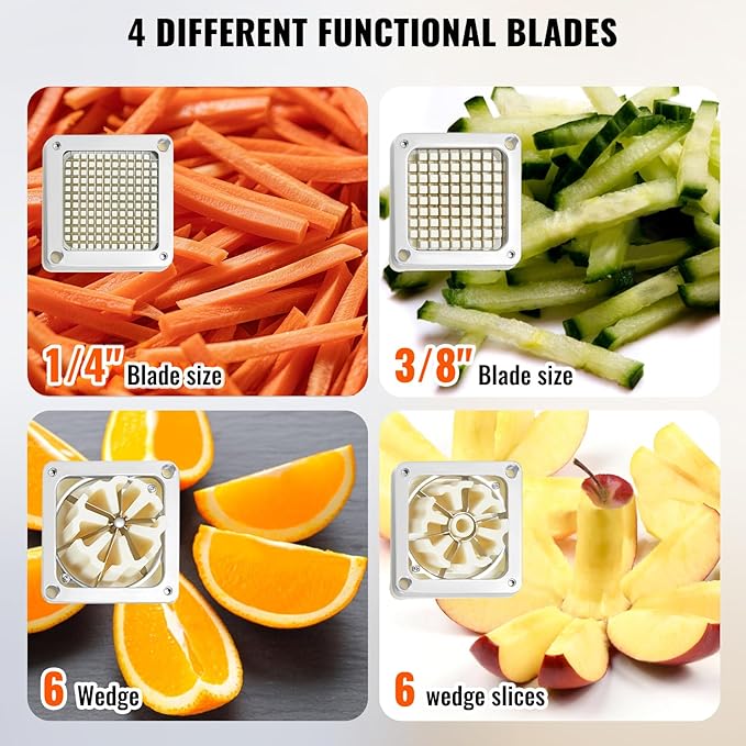 VEVOR Commercial French Fry Cutter with 4 Replacement Blades, 1/4 and 3/8 Blade Easy Dicer Chopper, 6-wedge Slicer and 6-wedge Apple Corer, Lemon Potato Cutter for French Fries with Extended Handle