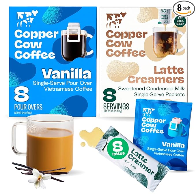 Copper Cow Coffee Pour Over Vietnamese Ground Coffee Pouches + Sweetened Condensed Milk Creamers (8 Coffees & 8 Milk Creamers) | Vanilla Lattes, No Refrigeration Needed, Travel Friendly