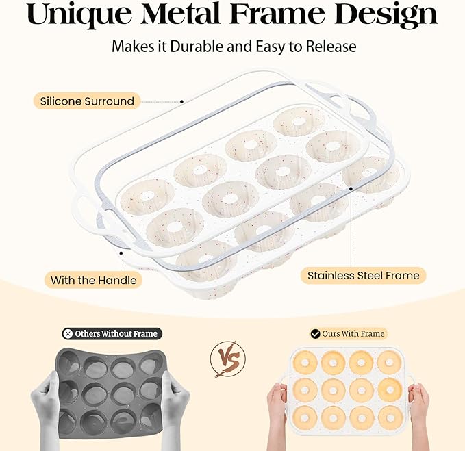 Vinino Silicone Mini Fluted Tube Cake Pans with Metal Reinforced Frame, 12-Cavity Mini Flan Molds, Non-stick Cupcakes Pans for Baking, Donuts, Muffins, Cornbread, Brownies, Jellies