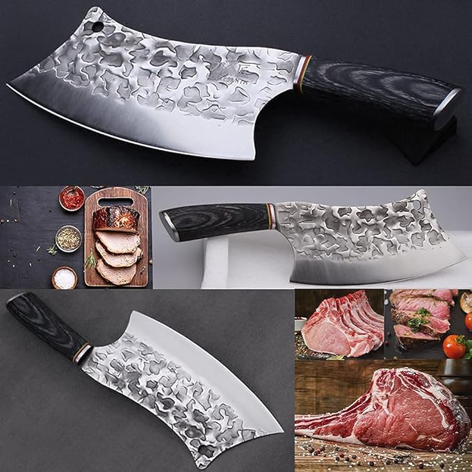 BLADESMITH Butcher Knife 8“, Forged Meat Cleaver Kitchen Knives, Curved High Carbon Steel Blade, PakaWood Handle, for Slicing and Cutting