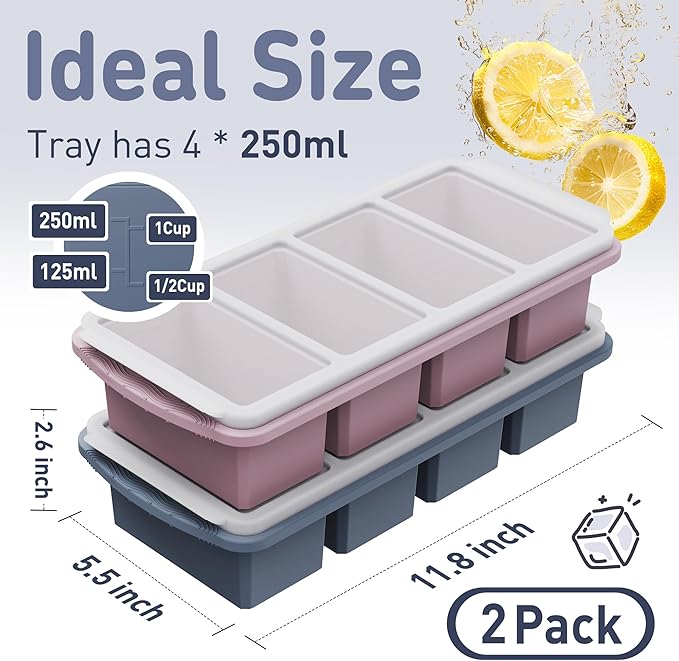 Silicone Freezer Tray with Lid Soup Freezer Container Molds with Steel Reinforced Rim Large Ice Cube Tray Makes 8 Perfect 1 Cup Portions Cubes Storage Food Meal Prep Containers Kitchen Mold