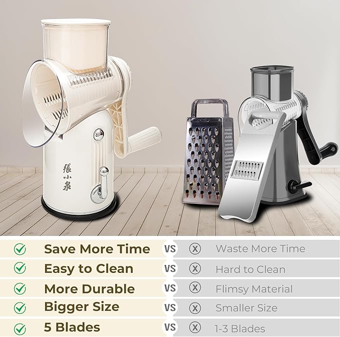 ZHANG XIAO QUAN SINCE 1628 5-in-1 Interchangeable Blades Rotary Cheese Grater Hand Crank, Cheese Shredder Mandoline Vegetable Julienne Slicer Cutter Nut Chopper with Anti-Slip Base, Cream