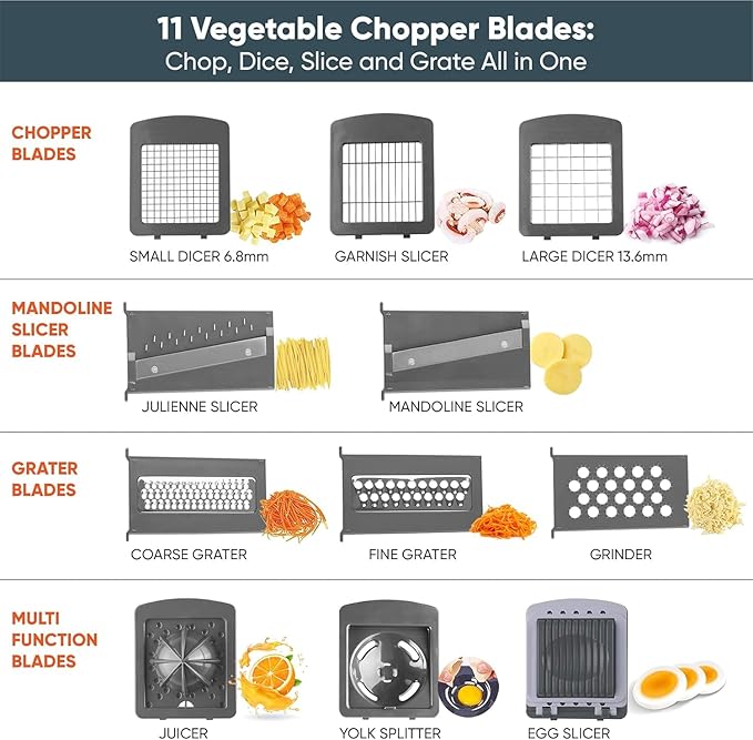 RüK Vegetable Chopper Slicer Onion Dicer, Multi 22-in-1 Veggie Mandoline Food Cutter for Tomato Fruit with Lemon Squeezer, E-Recipe, 11 Blades, Egg Separator & Slicer, Container