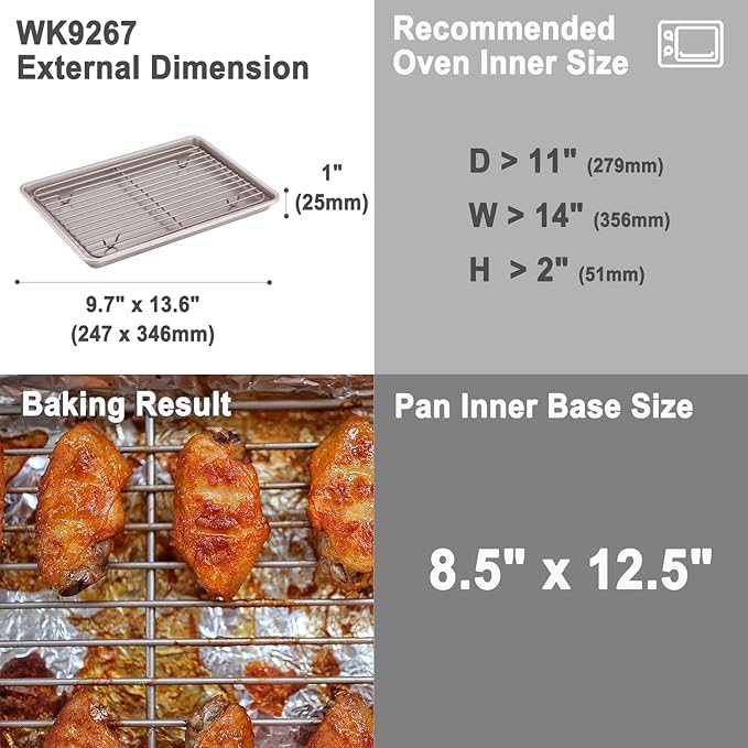 CHEFMADE Roasting Pan with Rack, 13-Inch Non-Stick Rectangular Shallow Dish Sheet Pan with Wire Rack for Oven Baking, BBQ, Jelly Roll and Roasting 9" x 13" x 1" (Champagne Gold)