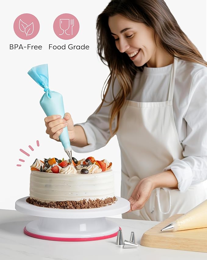 Kootek 71PCs Cake Decorating Kit, Baking Supplies Tools - Includes Cake Stand Turntable, 12 Icing Piping Tips Set, 2 Frosting Spatulas, 3 Scrapers, 50+2 Piping Bags, Coupler, Video Tutorial, Booklet