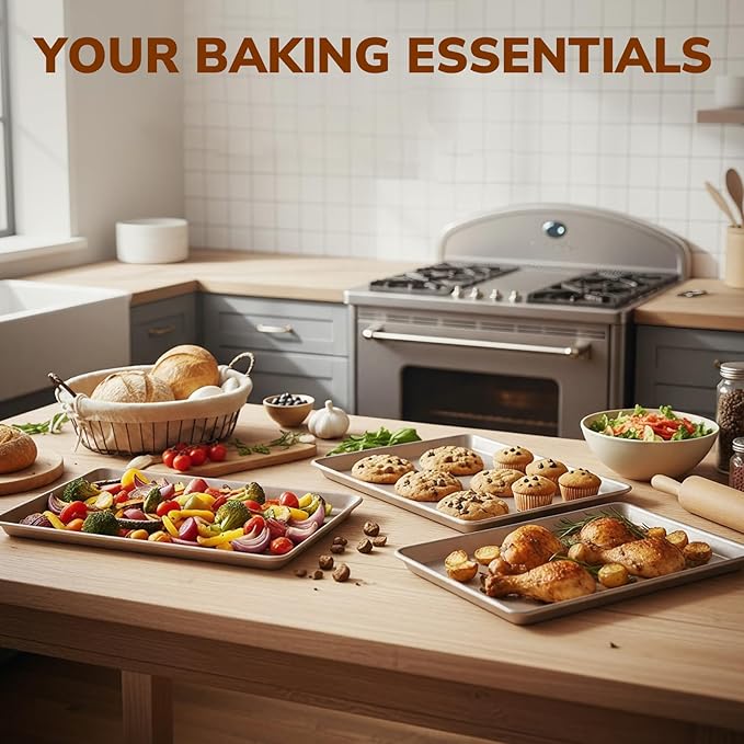 Nonstick Baking Sheet Pan Set of 3, Heavy Duty Cookie Sheets for Oven, 0.6mm Thick Quarter Size & Half Size & Jelly Roll Pan, Rustproof & Easy Clean with Textured Surface(Champagne Gold)