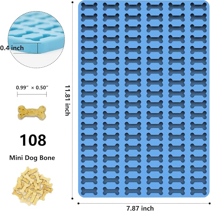 Dog Treats Molds, 108 Cavities Mini Dog Bone Shape Silicone Mold for Baking and Freezing Dog Food/Snacks/Biscuits/Candy/Chocolate for Small and Medium Dogs (with a Scraper)