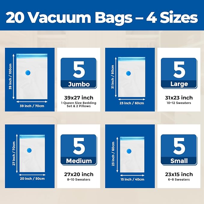 ETENWOLF 20 Pack Vacuum Storage Bags, Vacuum Seal Bags for Clothes and Travel, Space Saver Bags in Multiple Carry-On Sizes, Perfect for Luggage and Suitcases