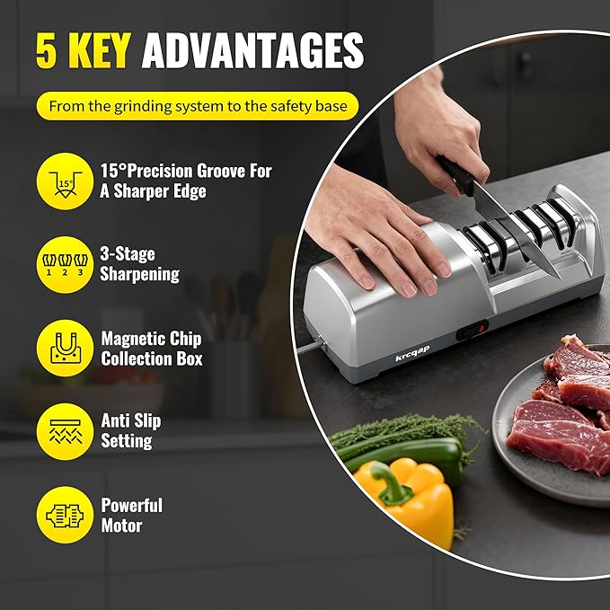 Knife Sharpener Electric for Kitchen - Kitchen Knife Sharpener 3-Stage - 15-Degree EdgeSelect Angle - Knife Sharpeners 100% Diamond Abrasive - Fast Sharpening, Repair, Restore, Polish.