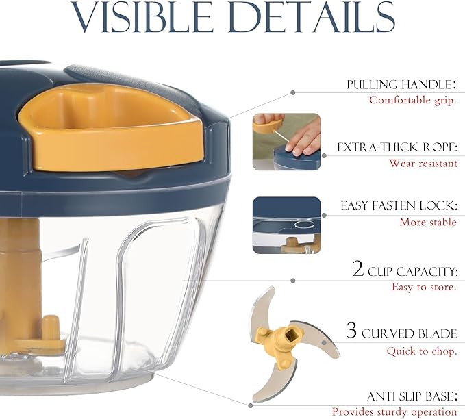 Ourokhome Manual Food Processor Vegetable Chopper, Portable Hand Pull String Garlic Mincer Onion Cutter for Veggies, Ginger, Fruits, Nuts, Herbs, etc., 500ml, Deep Blue