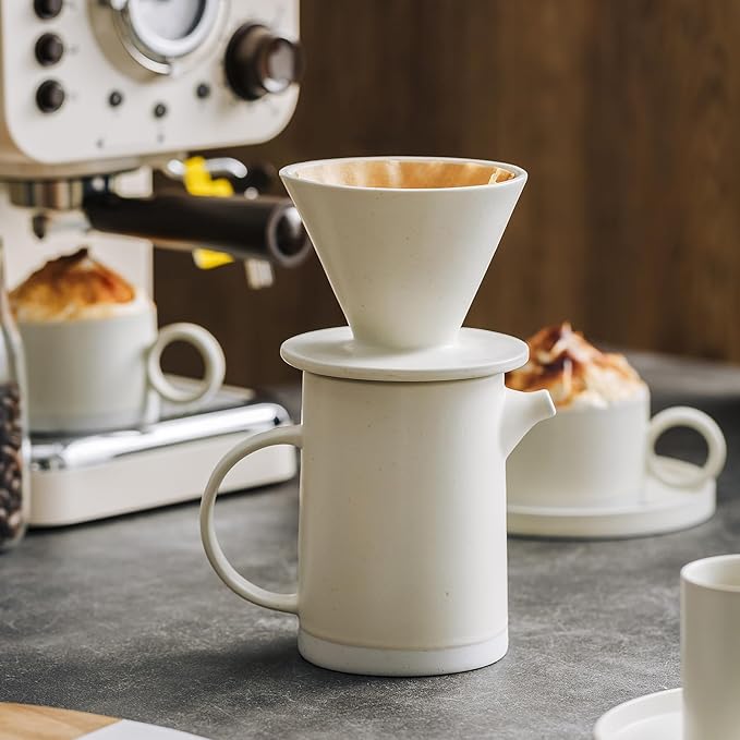 Pour Over Coffee Maker Set Vintage Ceramic Pour Over Coffee Dripper Set with 20 Count Paper Coffee Filters,for Home Café Restaurant Camping,15.8 Ounces(White)