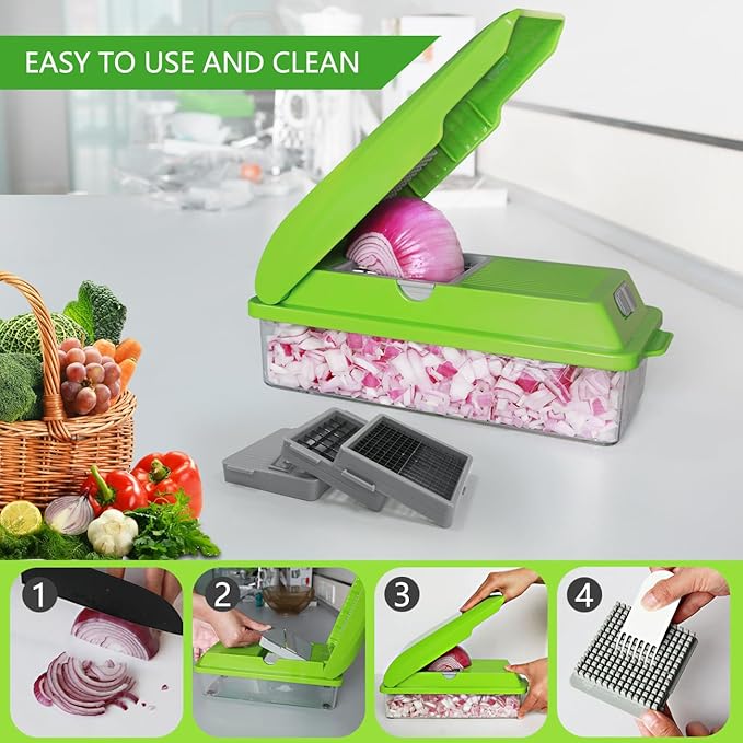 LHS Multifunctional Vegetables Chopper with Container, Manual Processor Cutter, Pro Onion Cutter, Vegetable Slicer Dicer Cutter with 3 Blades, Veggie Salp Chopper(6-in-1,Green)