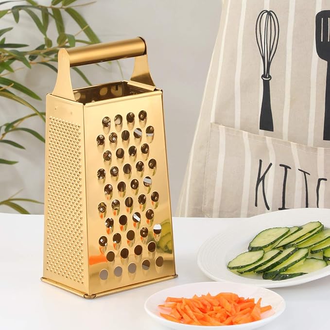 4 Sides Box Grater For Kitchen,Stainless Steel Cheese Grater With Handle,Multi-Function Vegetable Slicer Food Shredder For Chees,Ginger,Vegetables,Dishwasher Safe, Gold