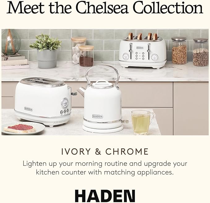 Haden Chelsea 4 Slice Wide Slot Toaster with Adjustable Browning Control, Ivory & Chrome