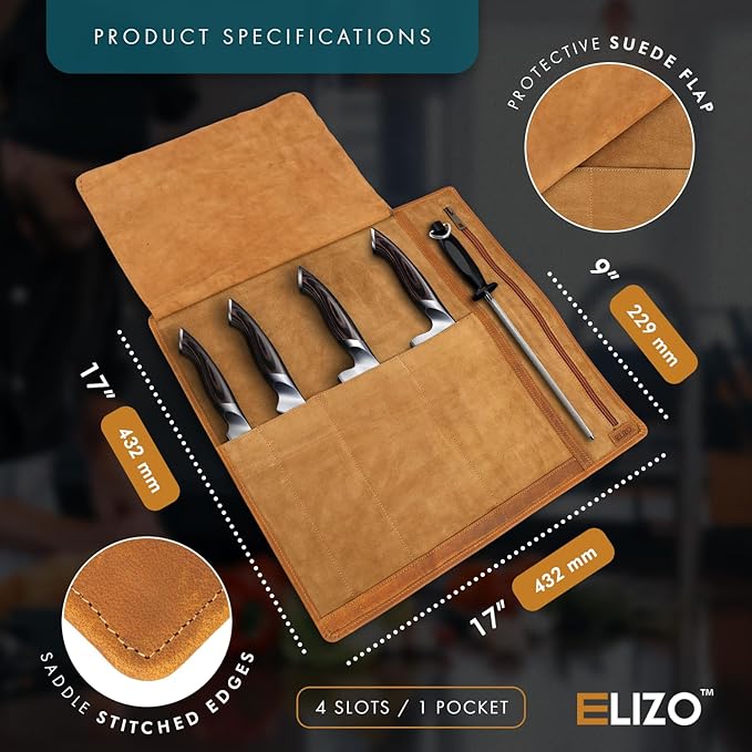 ELIZO Leather Knife Roll Bag Professional Chef Knife Case, Durable Knife Sheath Holder, Cooks & Culinary Tools Carrying Storage, Portable Knife Wrap - 4 Slots (Acron)