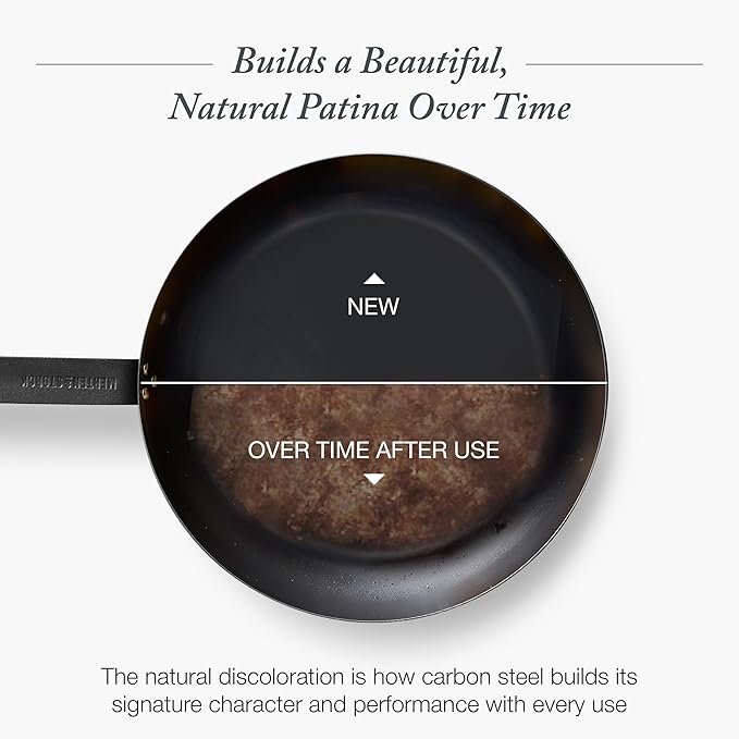 Merten & Storck Pre-Seasoned Carbon Steel 10” Frying Pan Skillet, Use on Induction, Stove and Grill, Durable, Even-Heating, for Searing, Grilling, Oven Use, and Campfire, Indoor/Outdoor