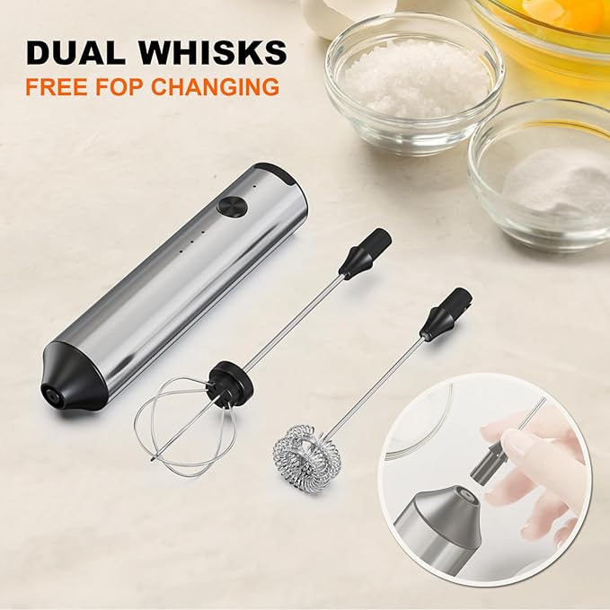 Rechargeable Milk Frother with Stand, 3 Speeds Drink Mixer Handheld with 2 Heads, Electric Frother Wand for Coffee, Latte, Cappuccino, Hot Chocolate, Matcha and Egg Mini Frother, Silver