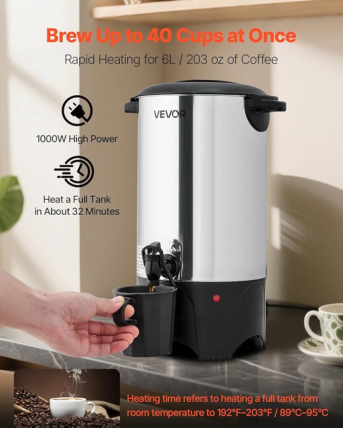 VEVOR Commercial Coffee Urn, 40 Cup 6 L Hot Beverage Dispenser with Dripless Faucet, Quick-Brewing Commercial Coffee Maker, with Stainless Steel Liner, for Catering, Business, Church & Restaurant