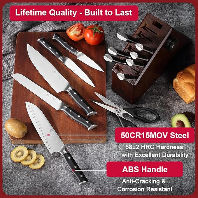 Knife Set,15-Piece Kitchen Knife Set with Block and Sharpener,50Cr15Mov High Carbon Stainless Steel,Razor Sharp Professional Knives,Ultra-Smooth knife,Ergonomic Black Anti-slip Handles,Dishwasher Safe