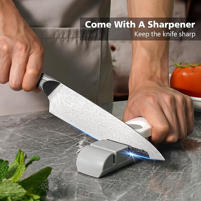 8 Inch Chef Knife, Kitchen Knife with Sharpener and Finger Guard, Professional Steel Sharp Chef's Knife Set with Ergonomic Handle, Gifts for Christmas, Black
