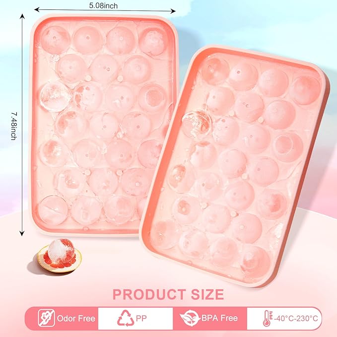 2 PCS Round Ice Cube Mold with Lid for Freezer Stackable Round 25-Ball Silicone Ice Ball Mold Easy to Release, Small Ice BPA-Free Trays for Freezer for Whiskey, Cocktail, Chilling (Pink)