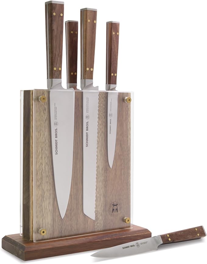 Brass and Walnut 6-piece Knife Block Set, High-Carbon German Stainless Steel Multipurpose Kitchen Cutlery with Midtown Storage Block