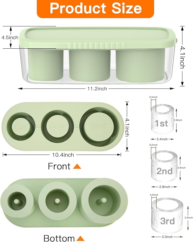 Ice Cube Tray for Tumbler Cup 30Oz-40Oz, 3 Pcs Silicone Cylinder Ice Mold with Lid and Bin for Freezer, Easy Fill and Release Ice Maker for Whiskey, Cocktail BPA-Free (Green, 40Oz)