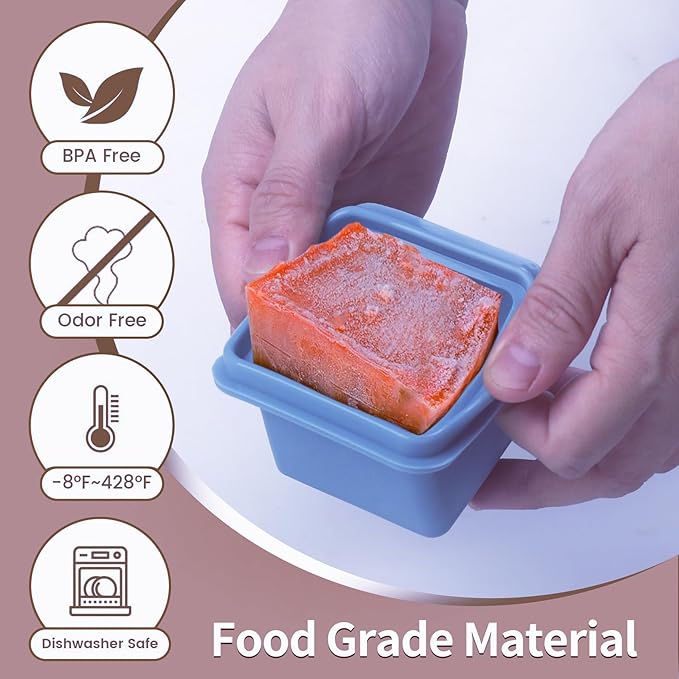 1/2 Cup Silicone Freezer Tray With Lid - Silicone Freezer Molds 8-Pack For meal prep & freezing of various sauces and other dishes, makes 8 perfect 1/2 cup portions cubes (Blue 8 Pack)