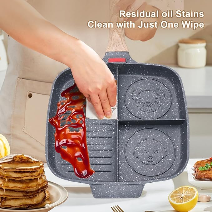 Sectional Skillet, Grill Pans for Stove Tops Nonstick 3 Section Breakfast Pan Meal Skillet Griddle Divided Pan, with Silicone Brush & Clip, 10.5”