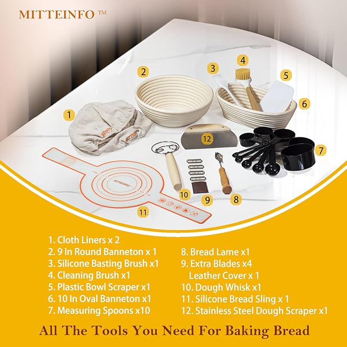 Banneton Bread Proofing Basket Set (9" Round + 10" Oval) with Sourdough Bread Baking Supplies | complete Artisan Baking Tools & Natural Rattan Supplies | All-in-One Gift Set
