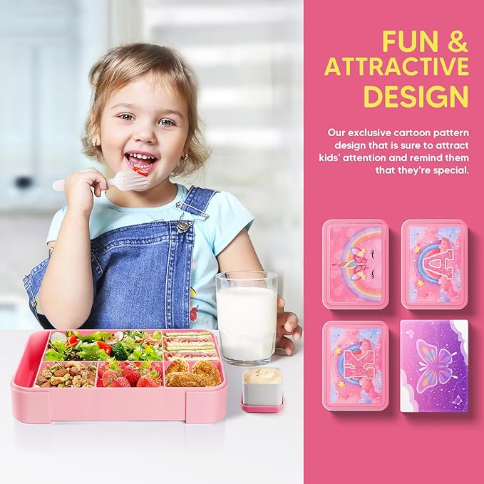 JYPS Bento Box for Kids,Leak-Proof Kids Lunch Box with 6 Compartments,Sauce Container,Utensils,BPA Free Microwave/Dishwasher Safe Lunch Container for Girls and Toddlers Back to School-Pink K