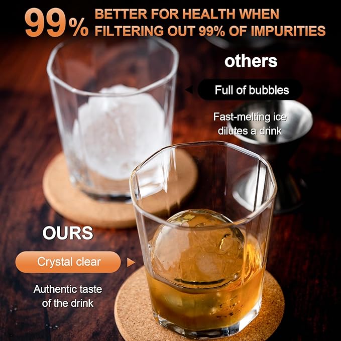 Clear Ice Cube Maker, 2.5" Easy-Release Sphere Ice Maker, Stainless Steel Clear Ice Maker, Non-BPA Premium Silicone Ice Cube Molds for Cocktails, Drinks & Bourbon, Whiskey Gifts for Men - 1 Pack