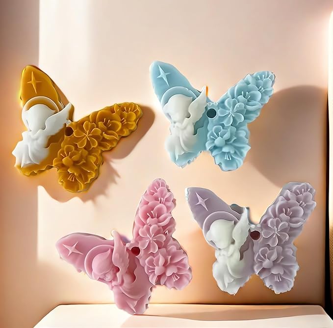 3D Butterfly Angle and Flower Candle Mold, Butterfly with Fairy Silicone Mold, Animal Resin Mold for Soap Soy Wax Epoxy DIY Handcraft Home Ornaments Car Air Freshener Decoration