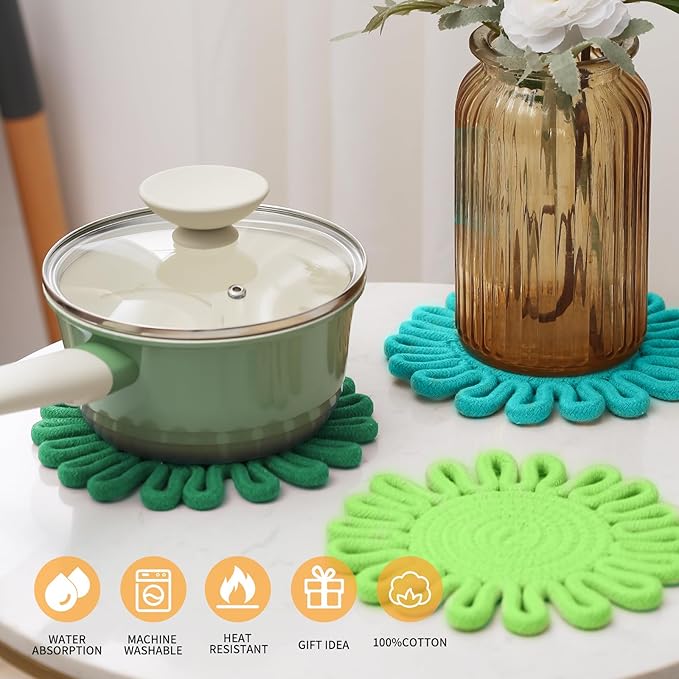 Aesthetic & Colorful Boho Trivets for Hot Dishes, Trivets for Hot Pots and Pans, Potholders for Kitchen, Heat Resistant Hot Pads for Countertops,Table Decorations,Set of 3, 100% Cotton,7.5"(Green)