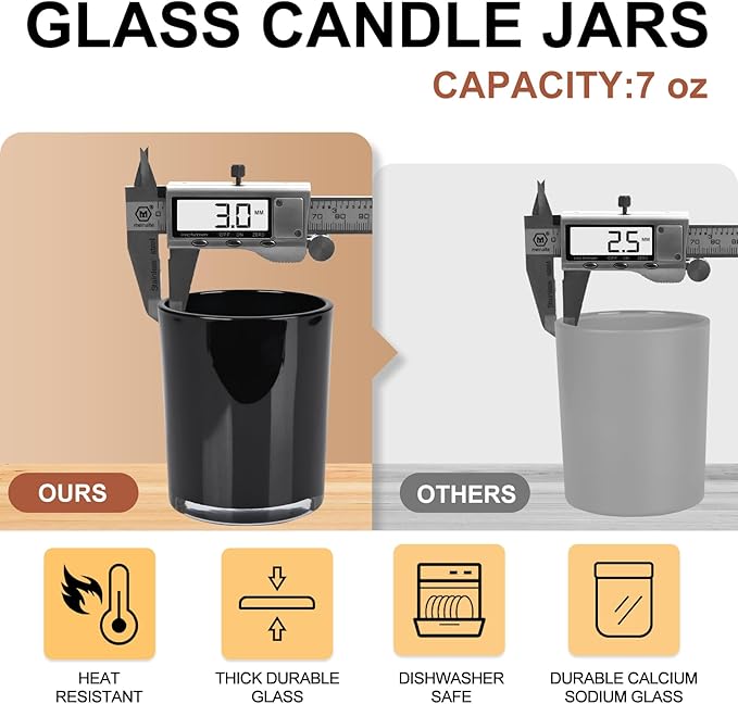 Thick Candle Jars for Making Candles 16 Pcs, 7 OZ Empty Jars with Wood Lids for Candle Making, Sample Container, Black