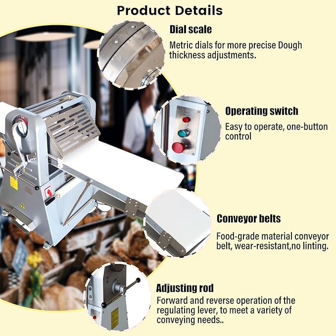 Commercial Dough Roller Sheeter 750W Vertical Dough Danish Pastry Machine Dough Laminator 0.04"-1.96"(1mm-50mm) Crisping Thickness Pasta Roller Bread Shortening Machine 110V