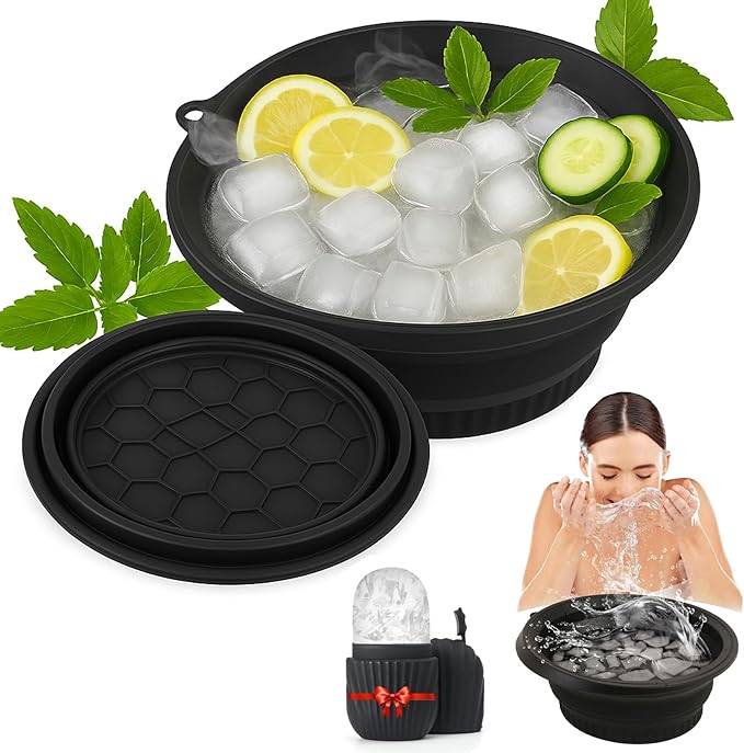 Face Bowl for Ice With Built-in Ice Tray, Collapsible Silicone Ice-Bath Face Bowl, Small Reusable Face-Ice Plunge Bowls, Perfect for Home Use, Camping, Travel (Black)